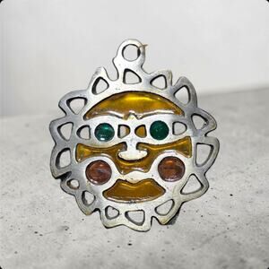Vintage Mid-Century Pewter Sun Face Pendant with Faux Stained Glass Inlays 3in